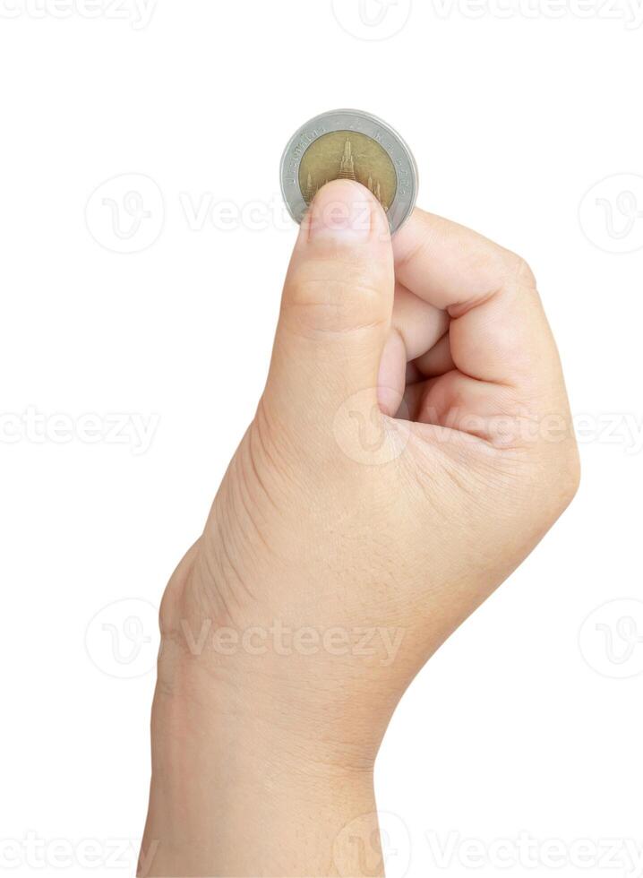 Child or kid hand holding coin isolated on white background with clipping path Concept of saving money for the future or money growth photo