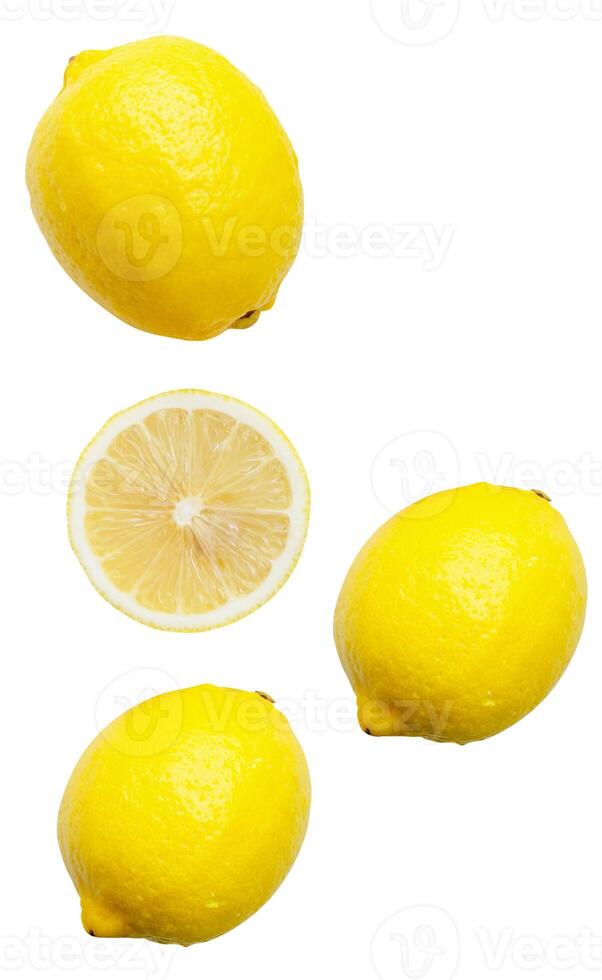 Top view set of three fresh ripe yellow lemon fruits with half or slice isolated on white background photo