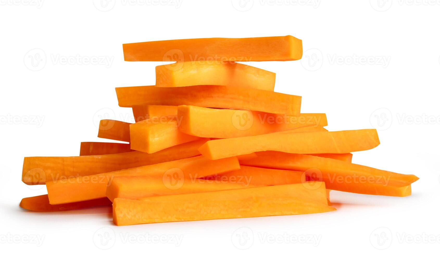 Side view of orange carrot slice or piece in stick shape in stack isolated on white background with clipping path photo