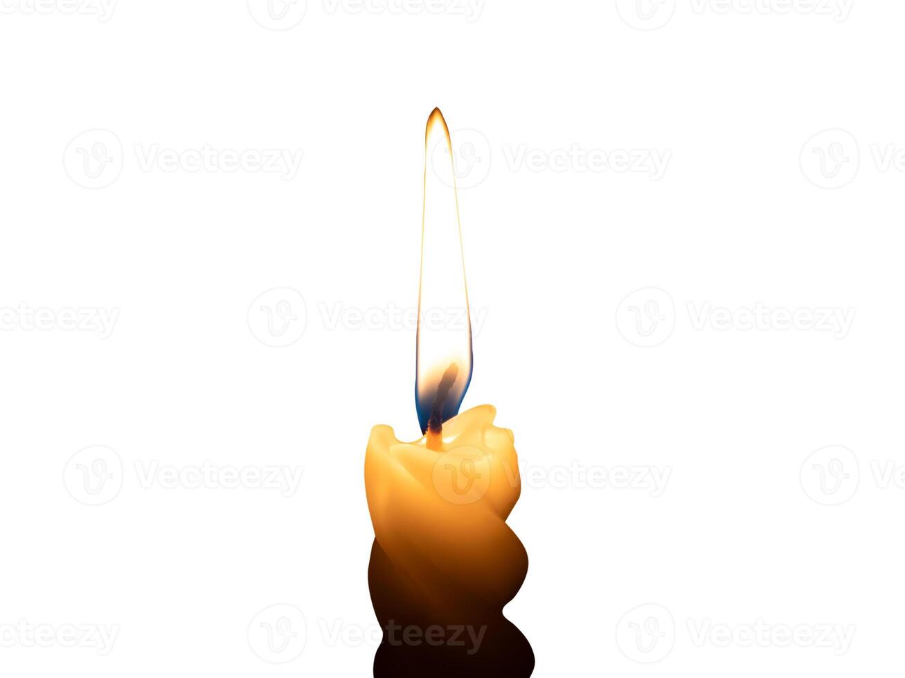 A single burning candle flame or light glowing on a small spiral white candle isolated on white background with clipping path photo
