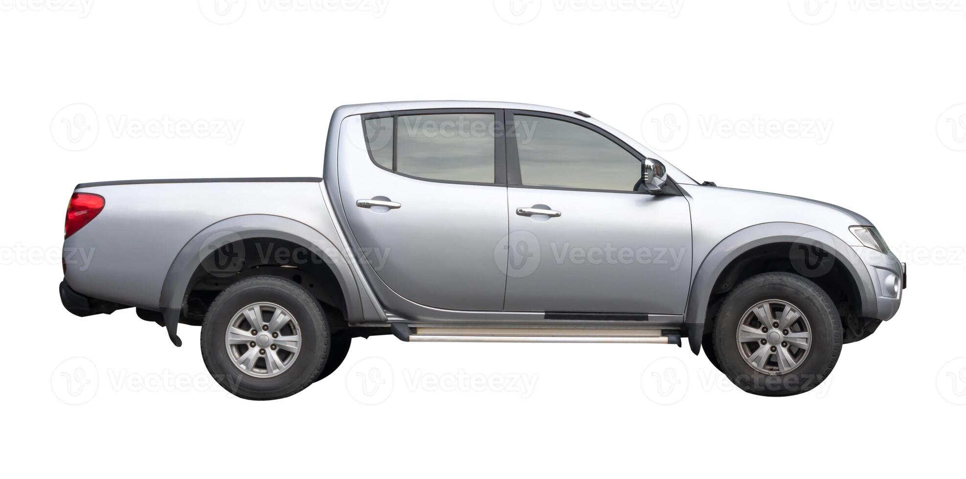 Side view of silver pickup truck isolated on white background with clipping path photo
