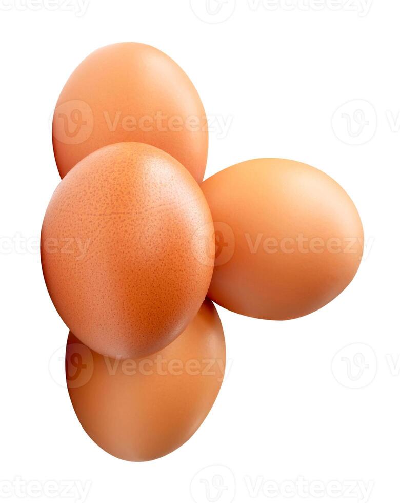 Top view of four brown chicken eggs in stack isolated on white background with clipping path photo