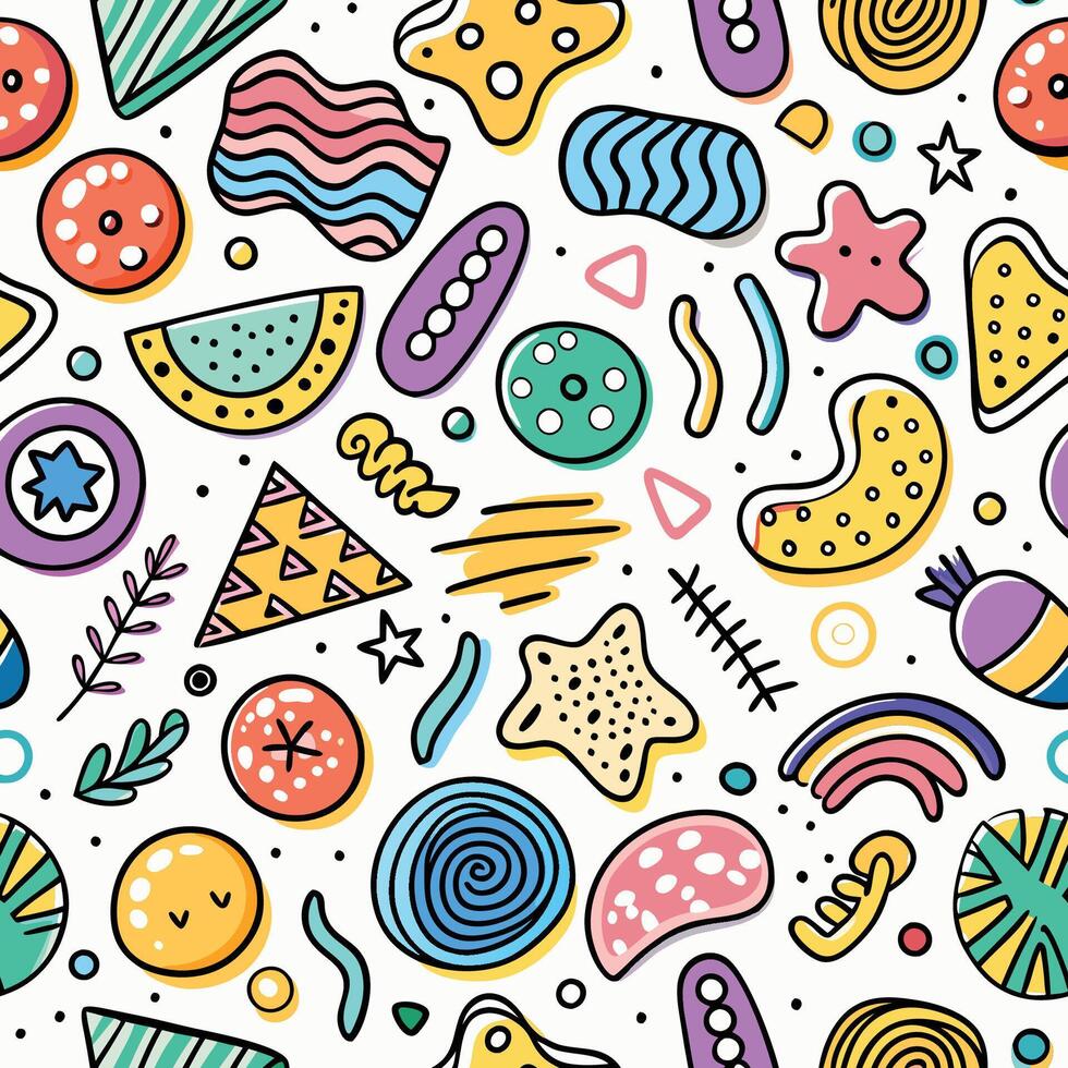 colorful doodle pattern with various shapes and colors vector