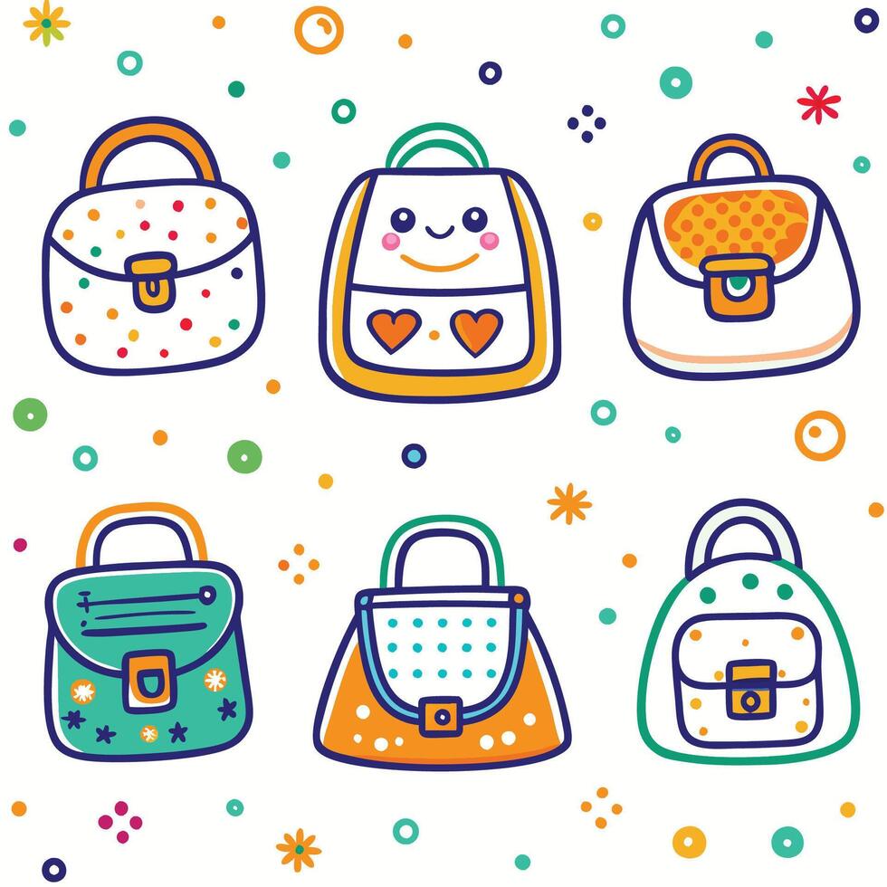 hand drawn school bag set with cute cartoon characters vector