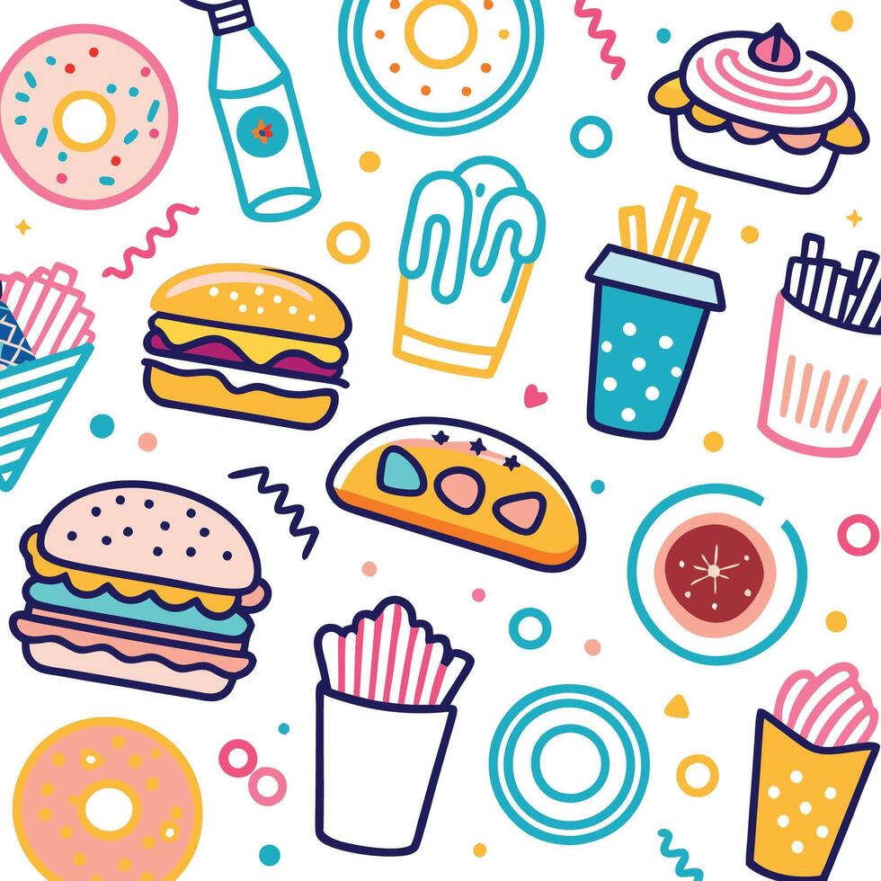 fast food icons and food items in a pattern vector