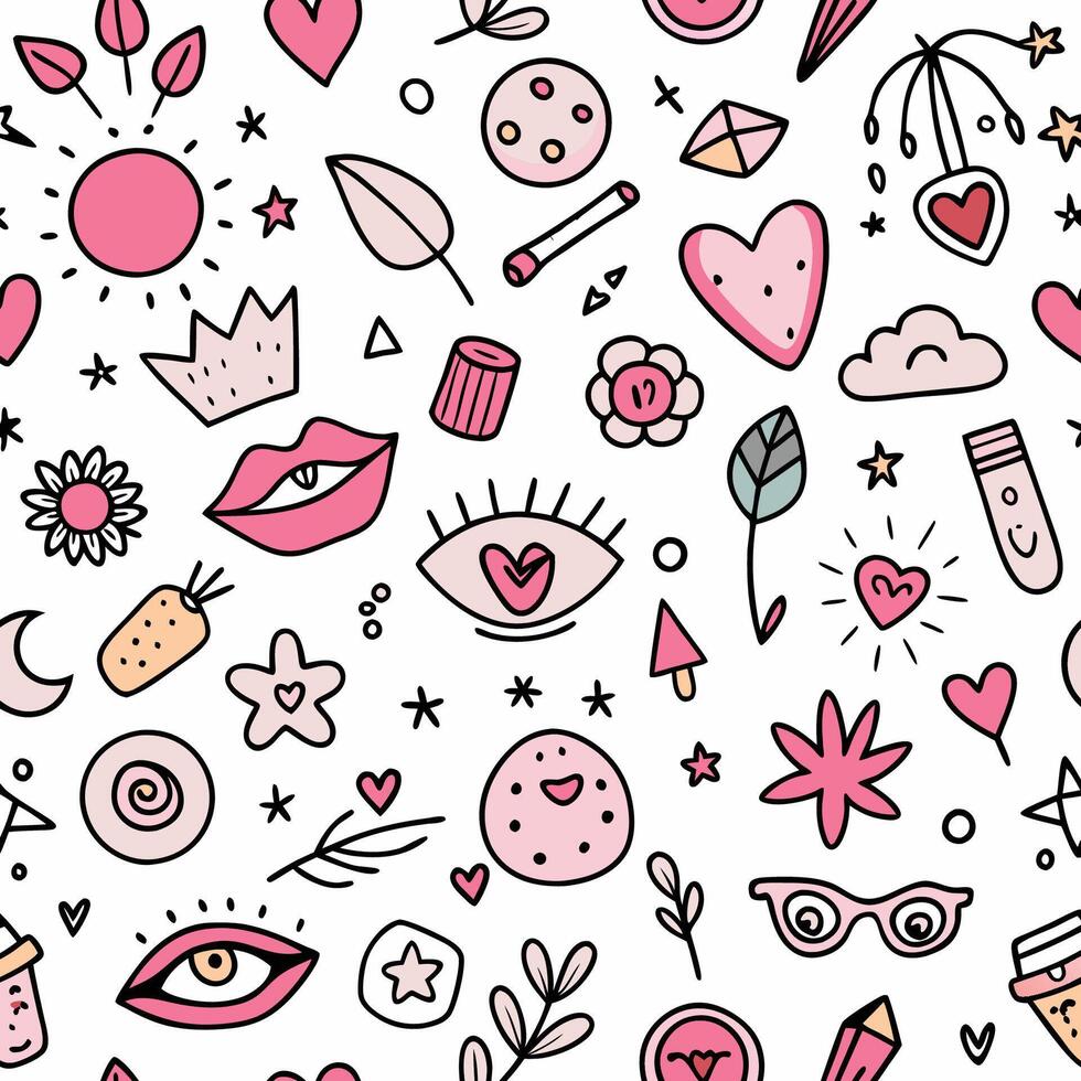 seamless pattern with pink and white doodles vector