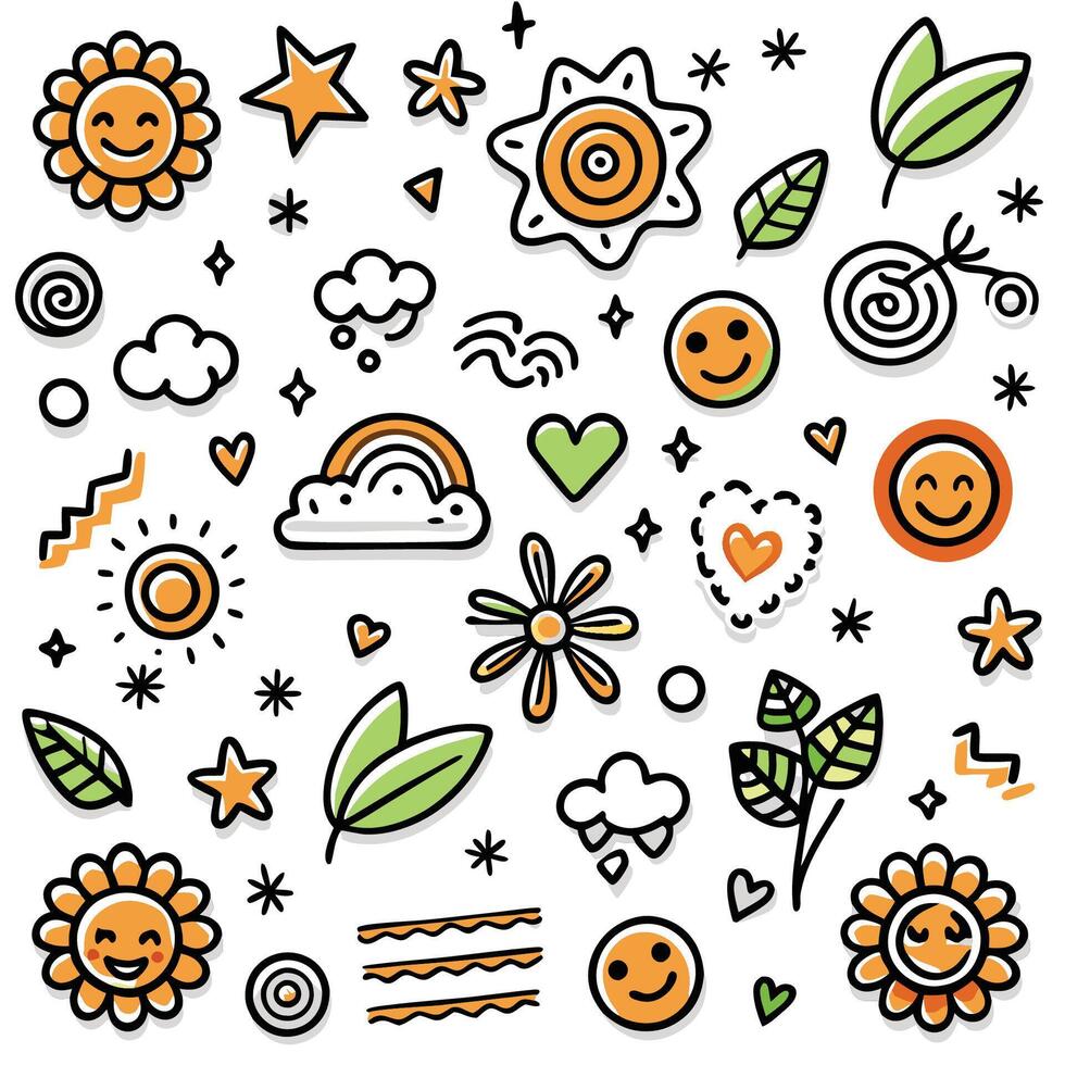a set of colorful doodles with sun, flowers, and stars vector