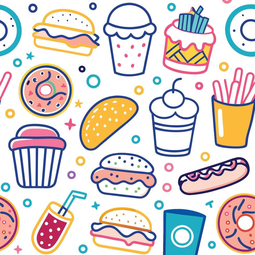 fast food seamless pattern with donuts, burgers and other items vector