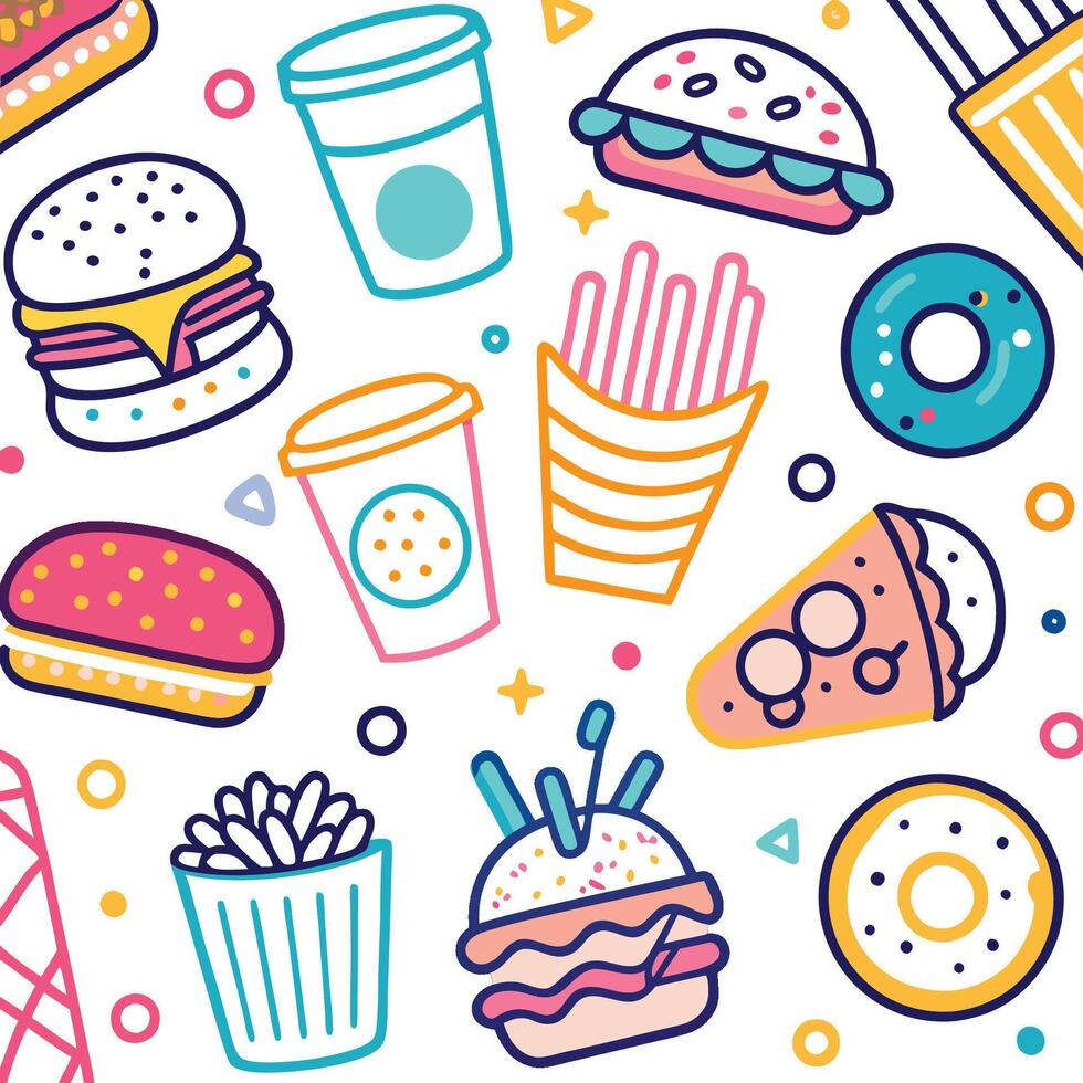 fast food icons and food items in a colorful pattern vector