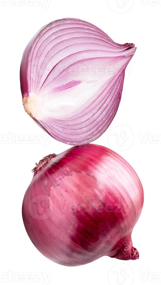Top view of red or purple onion with half in stack isolated on white background with clipping path photo