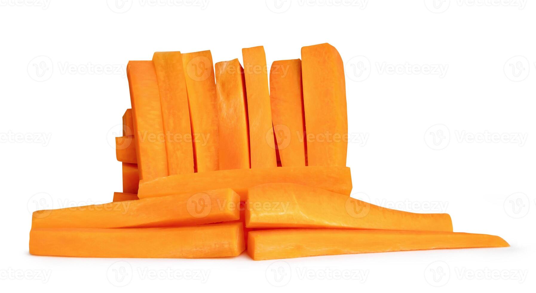 Side view of orange carrot slice or piece in stick shape in stack isolated on white background with clipping path photo