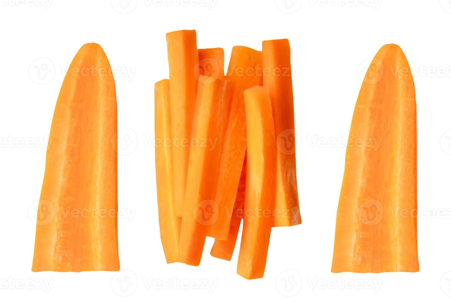 Top view set of orange carrot slice or piece in stick shape in stack isolated on white background with clipping path photo