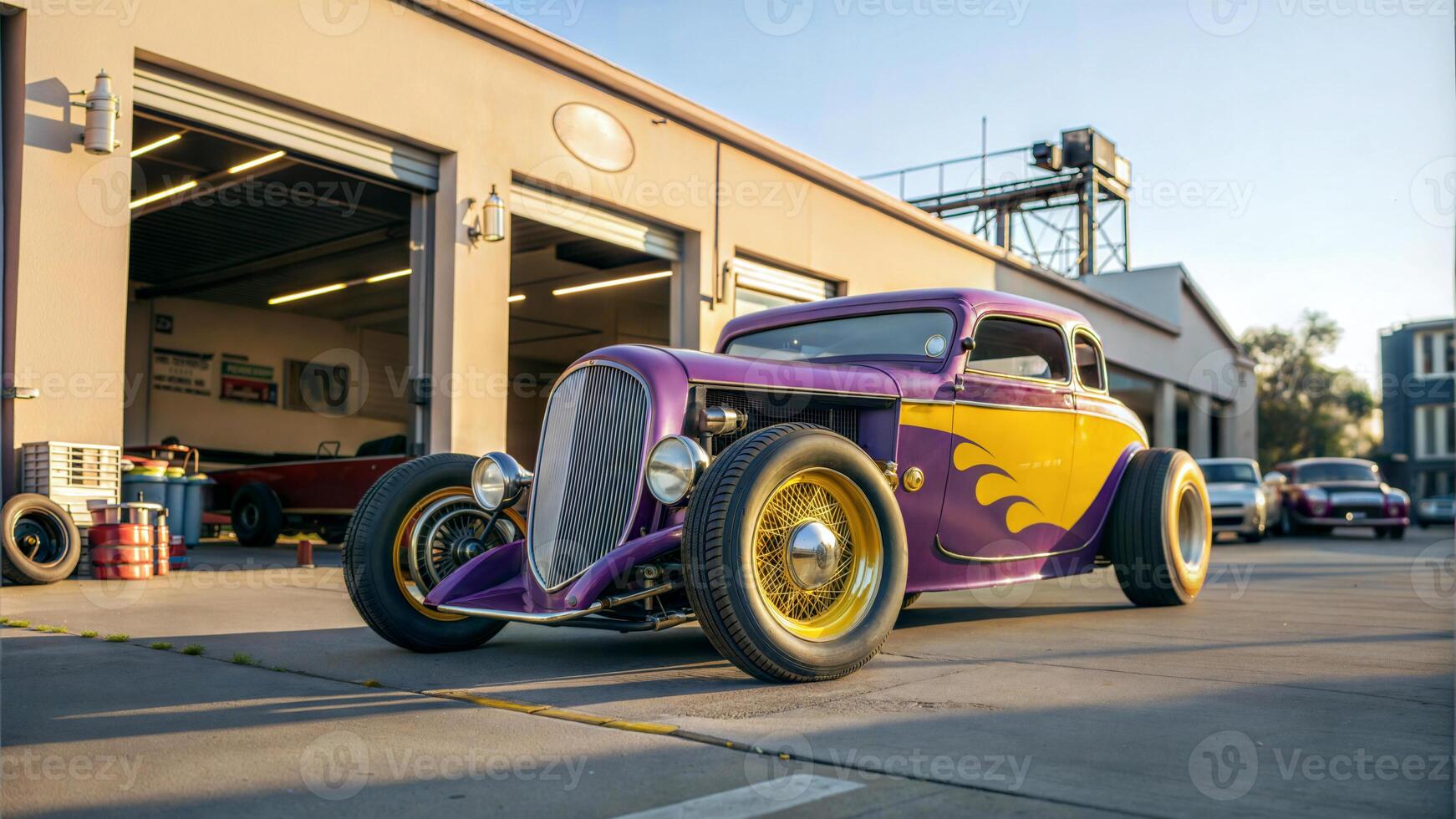 Beautiful unique vintage hot rod car parked in the street , automotive background, tuning template, auto transport photo