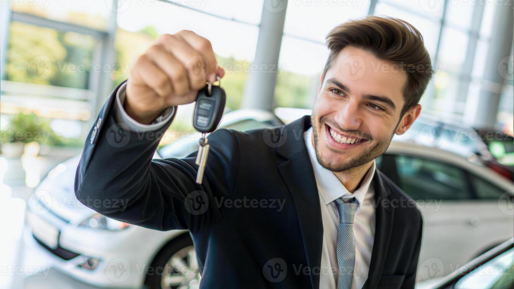Portrait of elegant handsome young man holding car keys of new car at saloon, auto salesman, people background photo