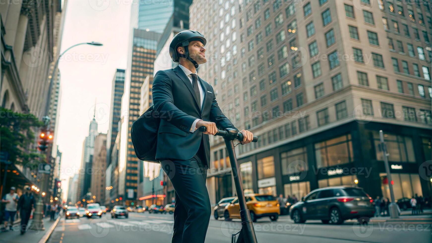 Elegant handsome business man in suit and helmet riding standing electric scooter in the city, modern eco transportation, active people photo