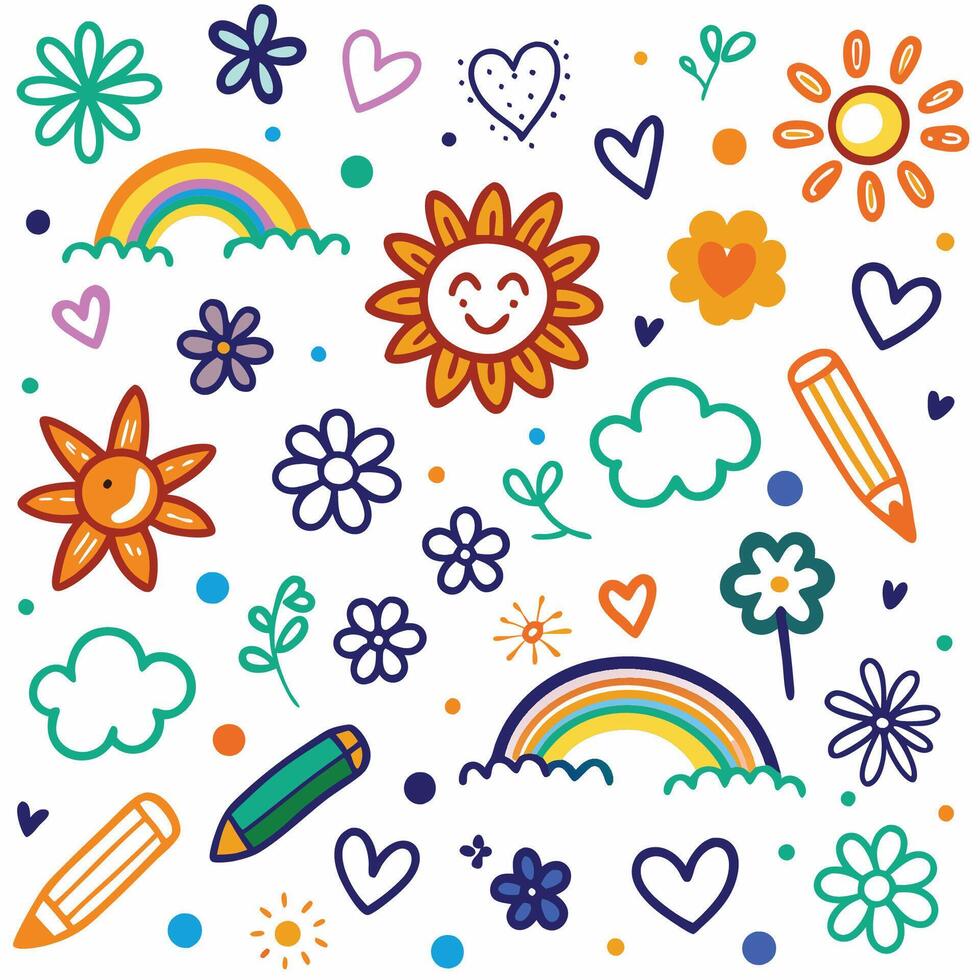 a colorful set of doodles with flowers, sun, and other items vector