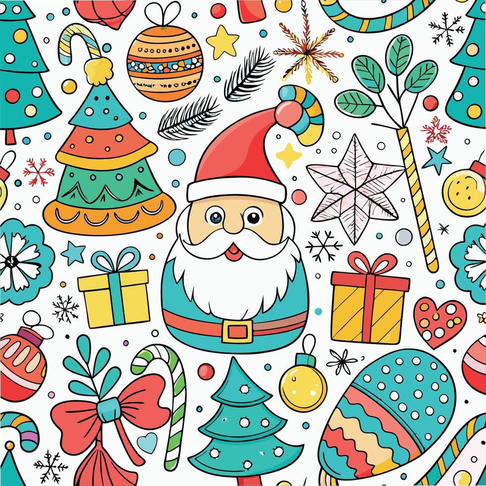christmas seamless pattern with santa claus, gifts and other items vector