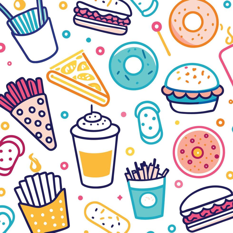 fast food seamless pattern with hamburger, fries, donut and drink vector