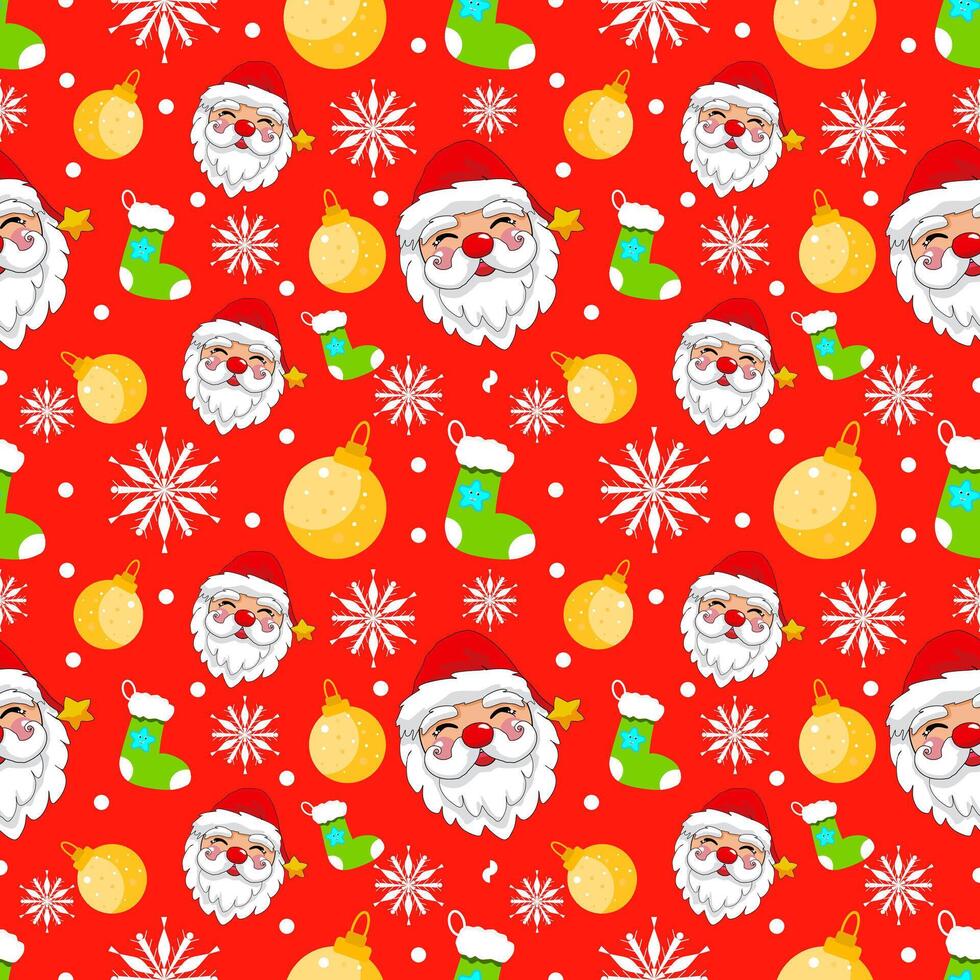 Cute seamless of green sock with golden ball and Santa Claus red hat on white snowflake and starburst on red wallpaper and background. Christmas and new year holiday concept vector