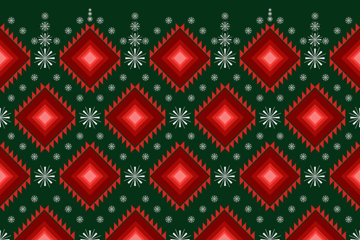 Geometric red triangle shape and white snowflake and starburst on green pattern design for texture and background. Christmas holiday concept vector