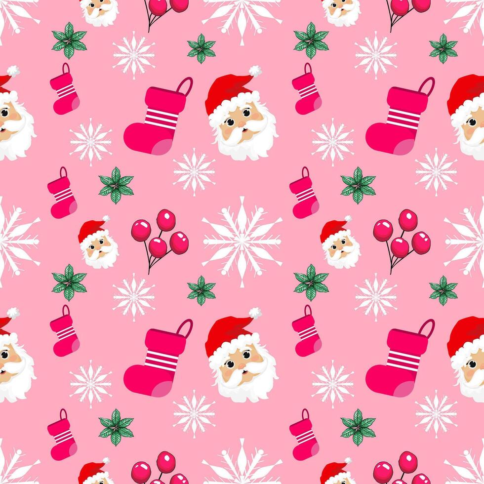 Cute seamless of Santa Claus with cherry leaf bunch and sock pattern on white snowflake and starburst on sweet pink wallpaper and background. Christmas and new year holiday concept vector