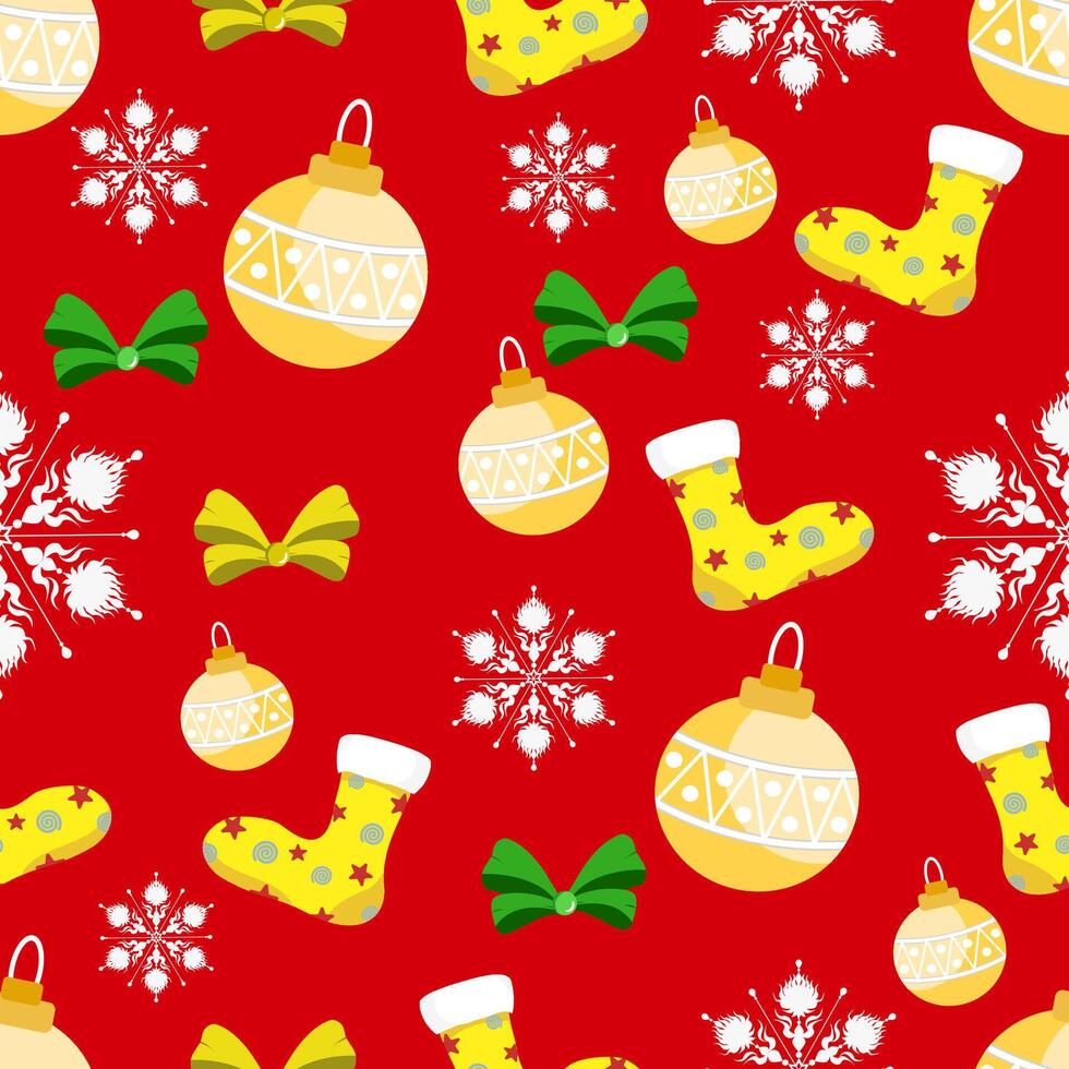 Cute seamless of golden ball with green ribbon and yellow sock pattern on white snowflake and starburst on red wallpaper and background. Christmas and new year holiday concept vector