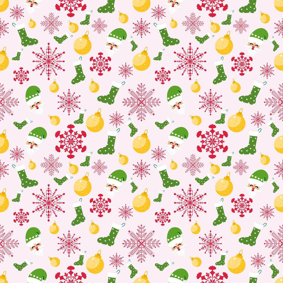 Cute seamless of green sock with golden ball and Santa Claus green hat on red snowflake and starburst on white wallpaper and background. Christmas and new year holiday concept vector