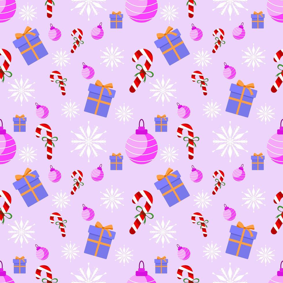 Cute seamless of violet gift box with ted candy crane pink ball on white with snowflake and starburst on pink or red wallpaper and background. Christmas and new year holiday concept vector