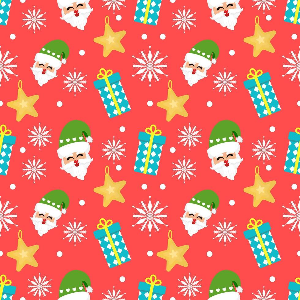 Cute seamless of gift box with golden star and Santa Claus red green on white dot with snowflake and starburst on pink or red wallpaper and background. Christmas and new year holiday concept vector