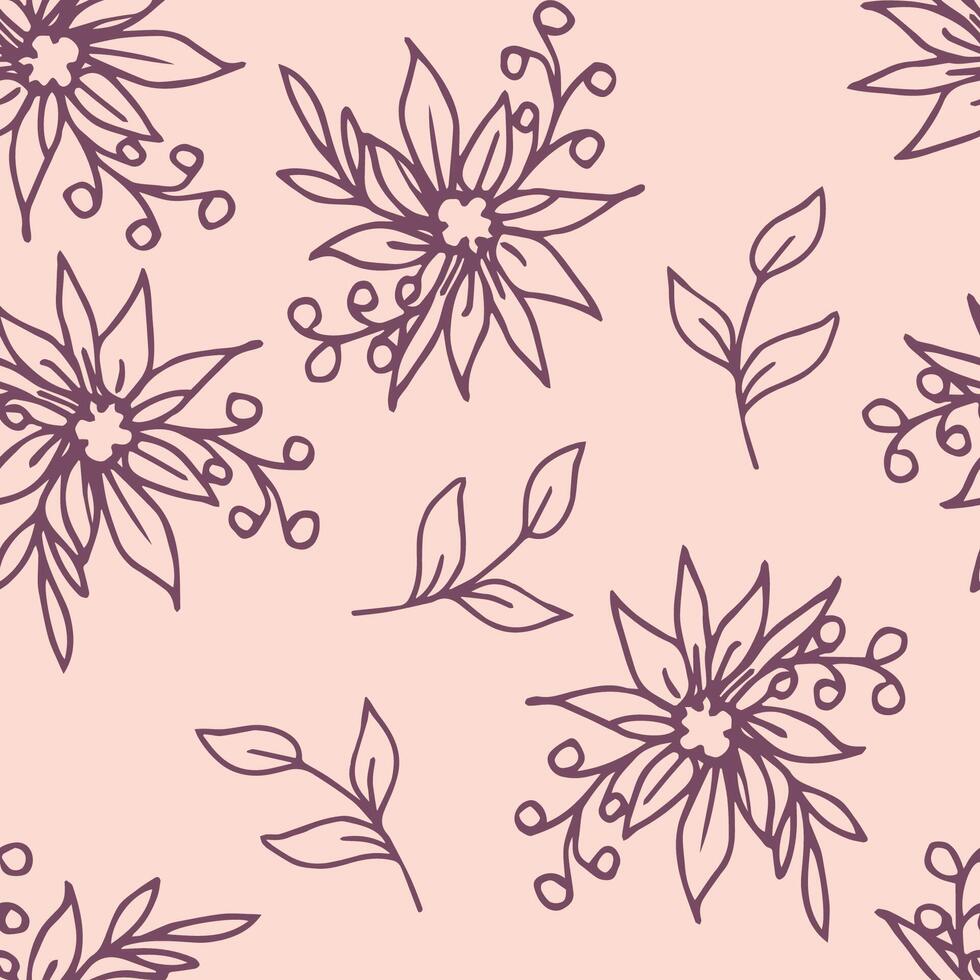 Light tender floral seamless pattern in pastel colors. Hand drawn dark contour bouquets of flowers, berries, leaf sprigs on a pink background. For printing on fabric, textile products. vector