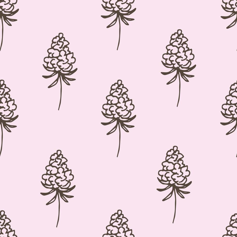 Simple calm floral seamless pattern in rural style. Gray flowers, twigs on a light pink background. For fabric prints, textile products, home decor, clothing. vector