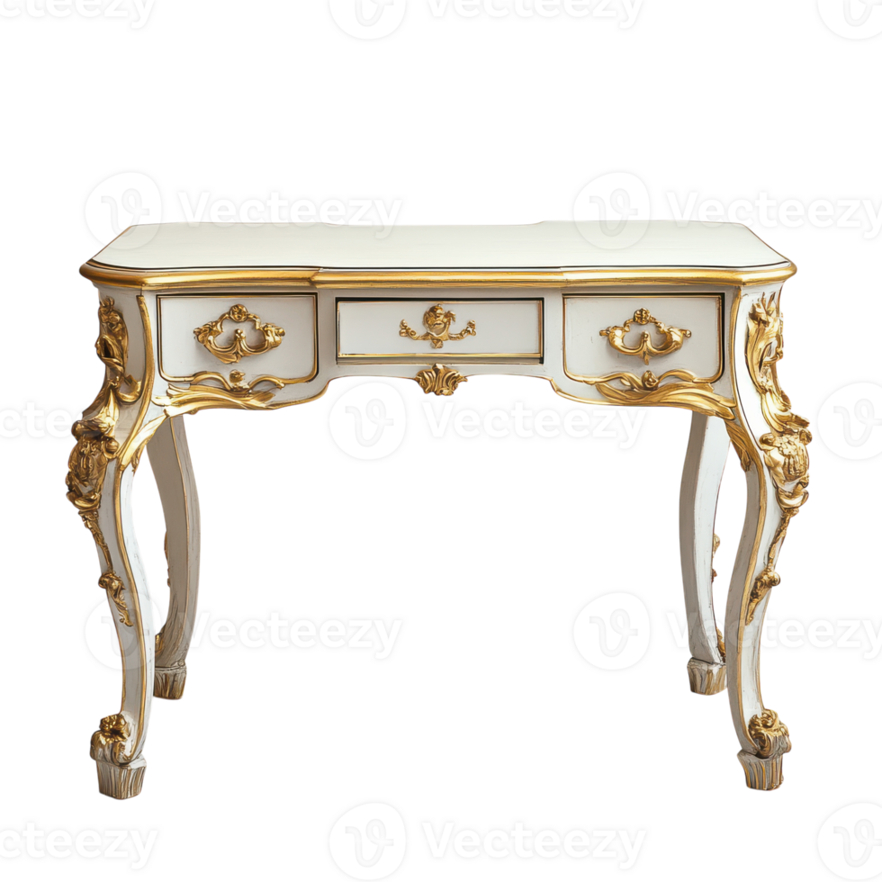 Elegant White and Gold Old Wooden Desk on a Clean, Bright Background Perfect for Office and Interior Design Projects Transparent background png