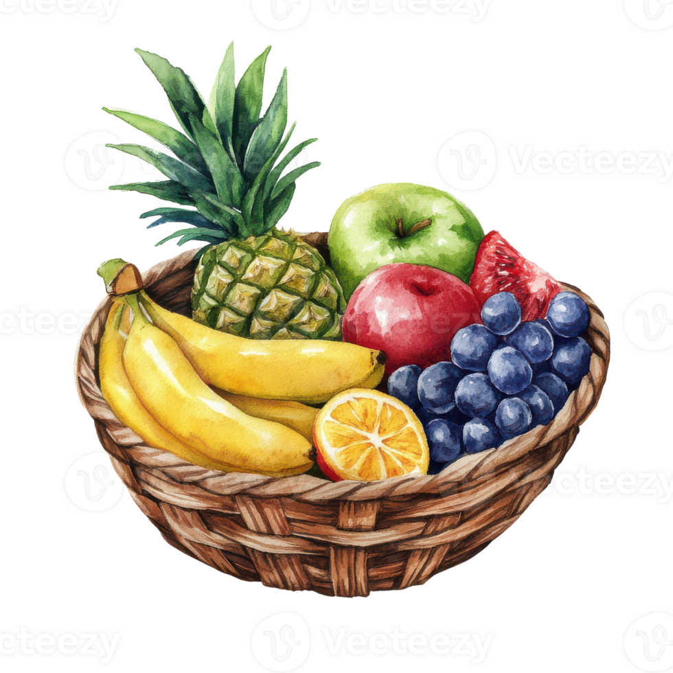 A Vibrant Watercolor Illustration of a Fruit Basket Brimming with Exotic Tropical Fruits Perfect for Culinary and Artistic Use. Transparent background png