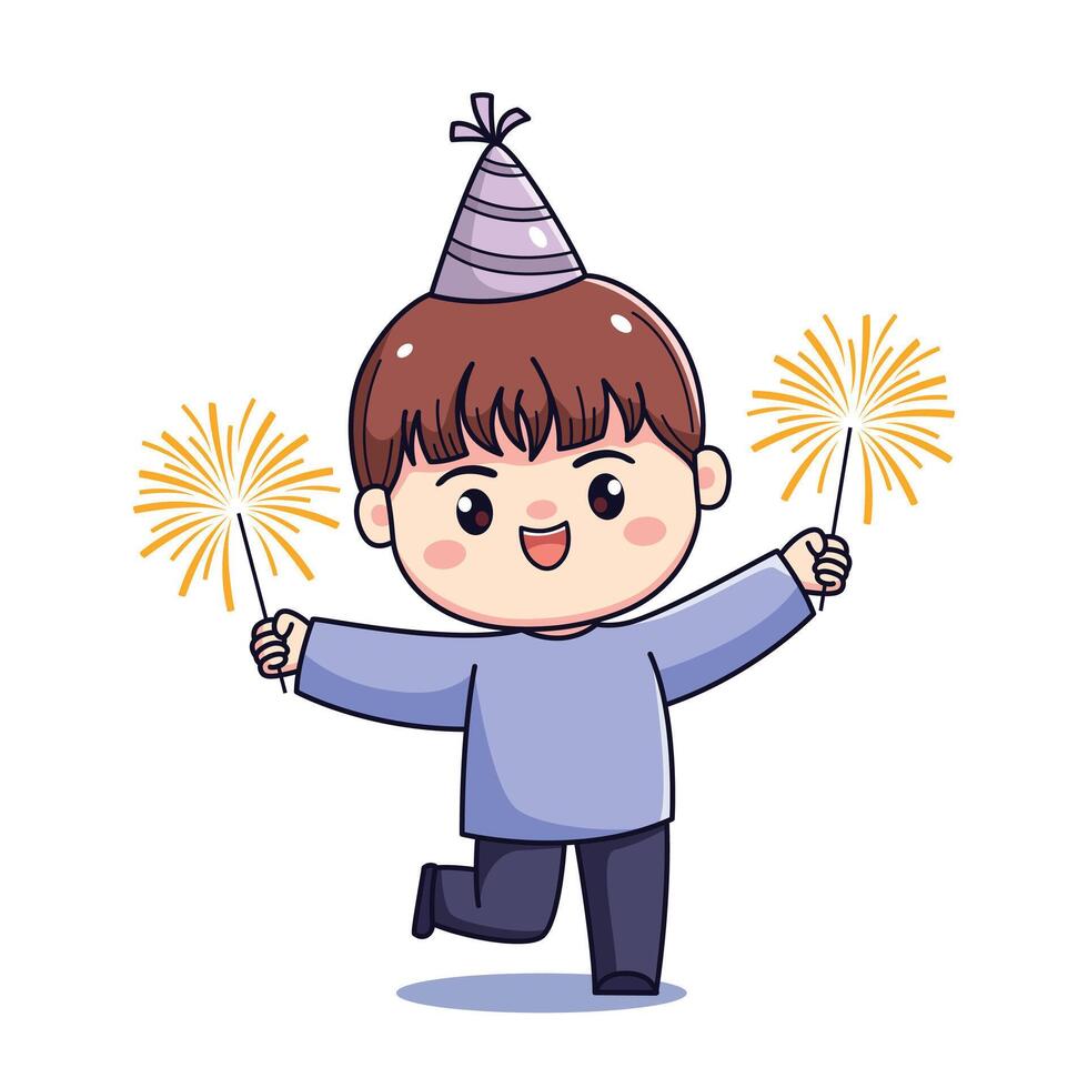 Cute cartoon boy celebrating new year or birthday party with fireworks chibi kawaii vector
