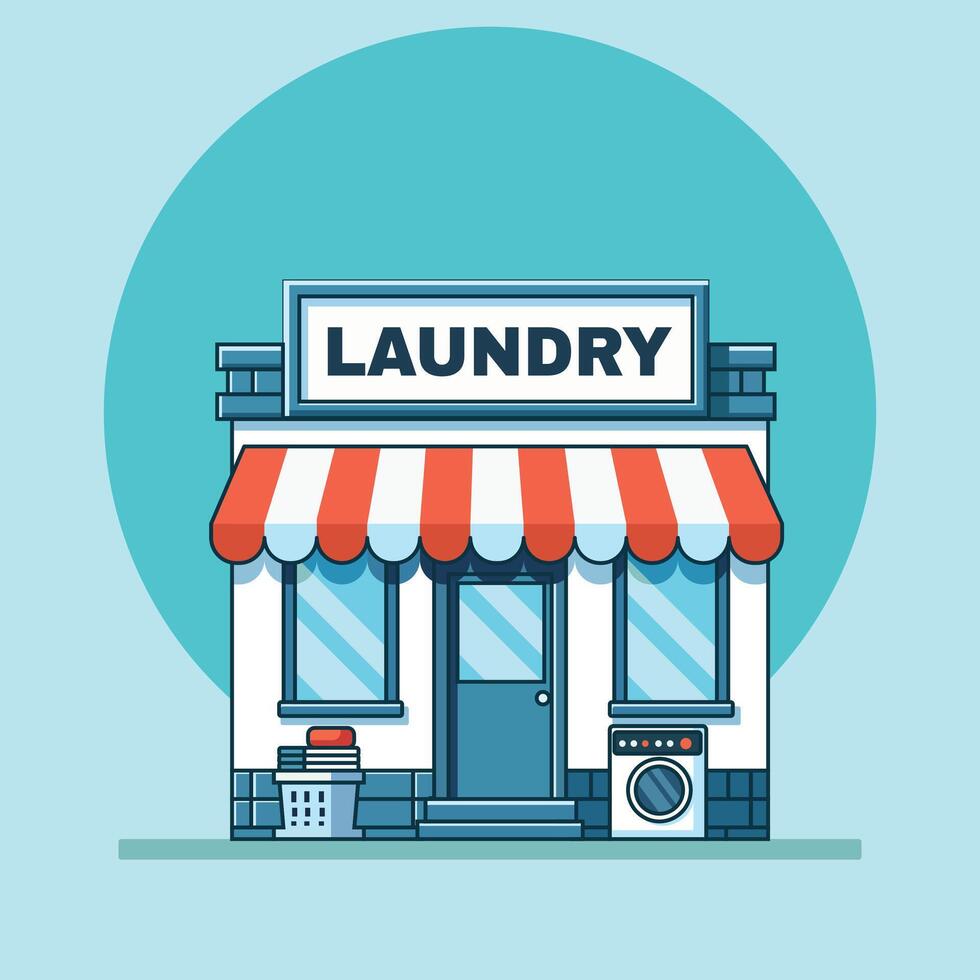 illustration of laundry building with awning and logo . Laundry exterior. Washing machines. Flat Cartoon style. vector