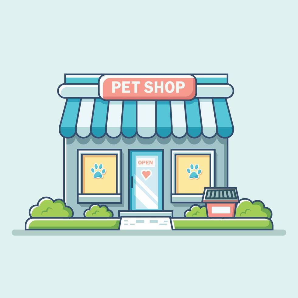 Pet shop building with banner and grass. illustration. Flat Cartoon Style vector