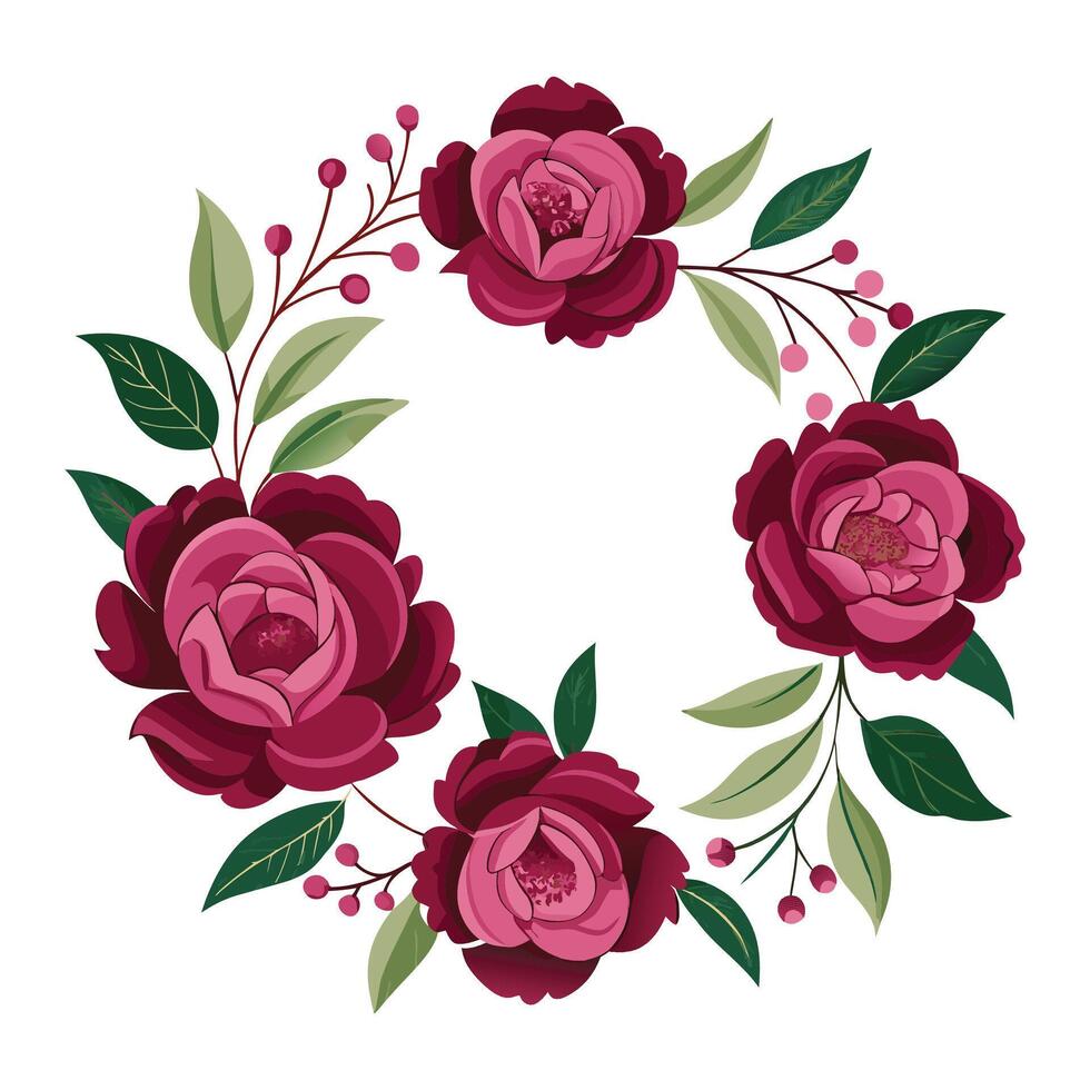 Rounded floral frame with red roses and leaves isolated on white background vector