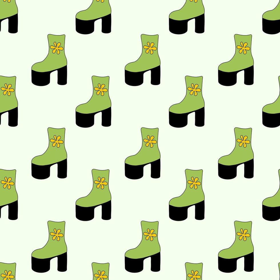 Seamless Pattern. Trendy 1980 retro green disco boot with flower design. Vintage shoe. flat illustration. vector
