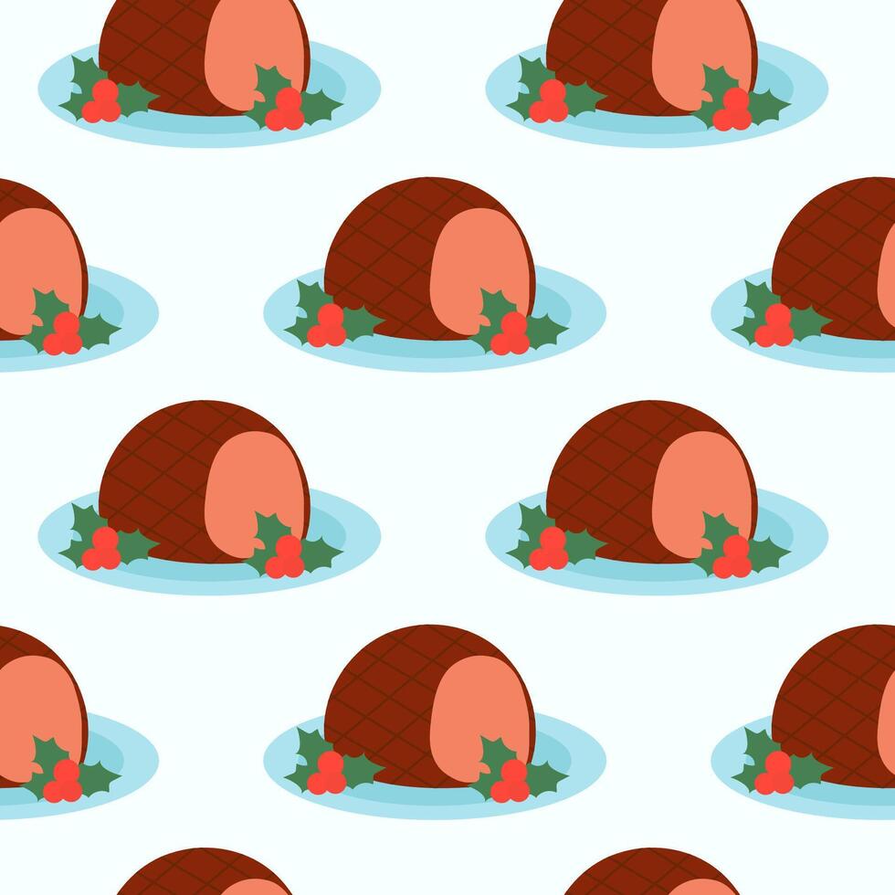 Seamless Pattern. Ham on plate with mistletoe. Christmas Food element. Winter holidays Dish. flat illustration. vector
