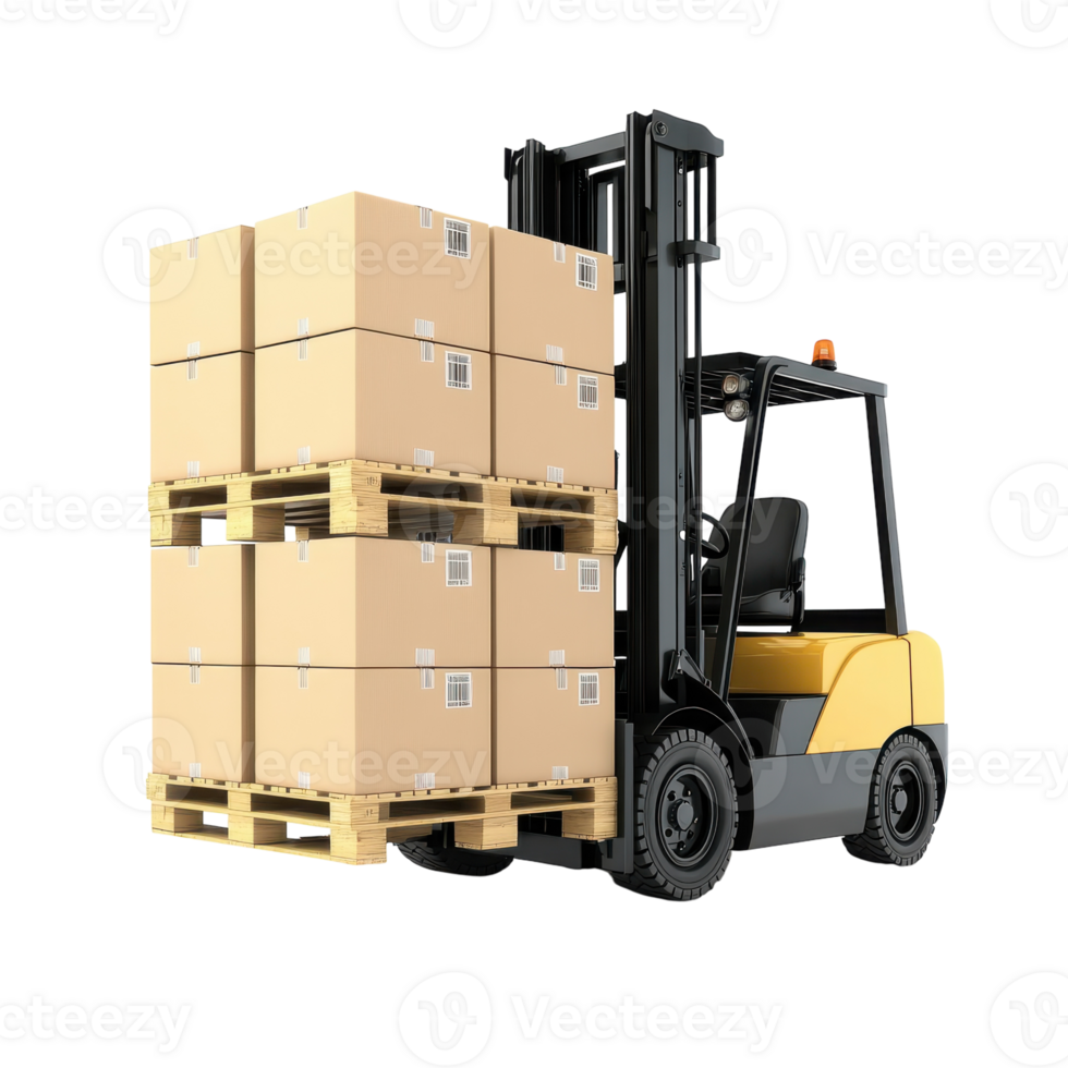 doeltreffend heftruck behandeling van gepalletiseerd dozen in industrieel instelling Aan transparant achtergrond png