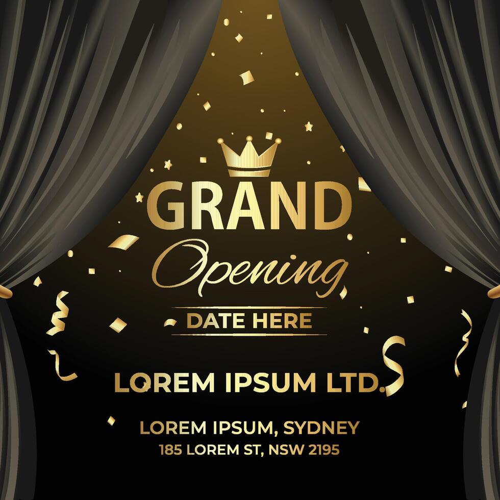 Exclusive Grand Opening Banner with Black Curtain and Gold Text for Business Events. vector