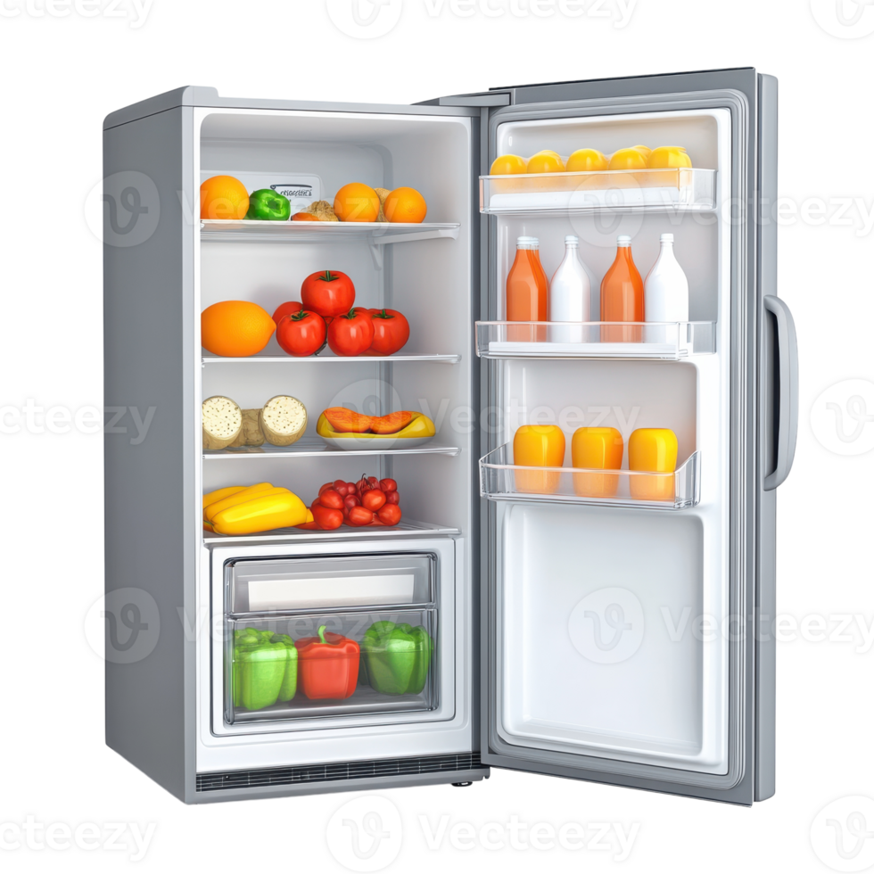 Opened Refrigerator Displaying Fresh Food Items on transparent background png