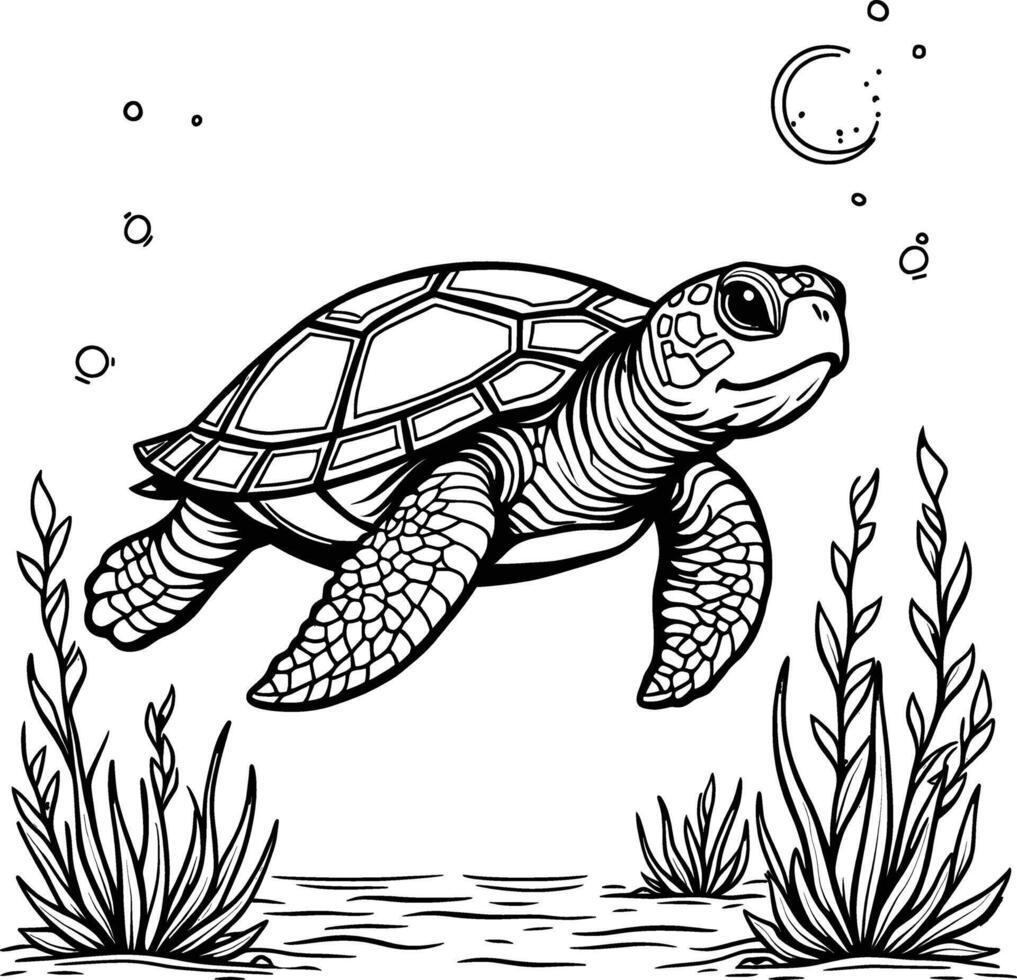 Hand Drawn Ocean Turtle Cartoon for Coloring Book Illustration vector