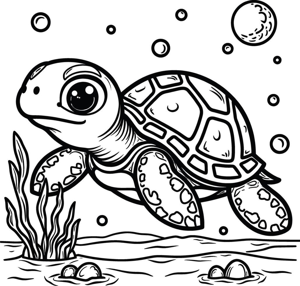 Hand Drawn Cartoon Turtle Swimming in the Ocean for Coloring Book vector