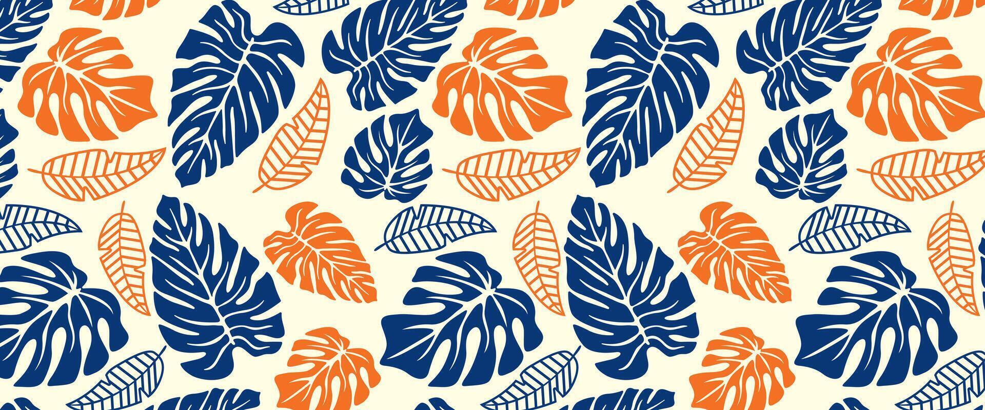 tropical leaf and hand drawn summer flowers seamles pattern background vector