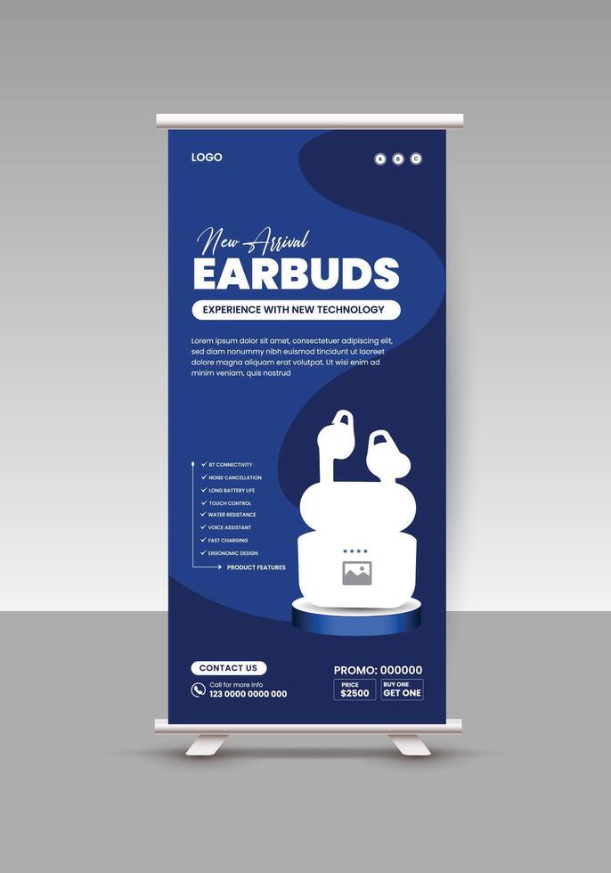 Exclusive Collection Earbuds Music Product Sale roll up Banner Template vector