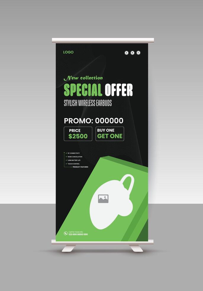 Exclusive Earbuds sale Roll-up Banner Template Design vector
