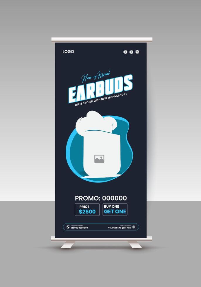 New arrival Wireless Earphones roll up banner design template vector