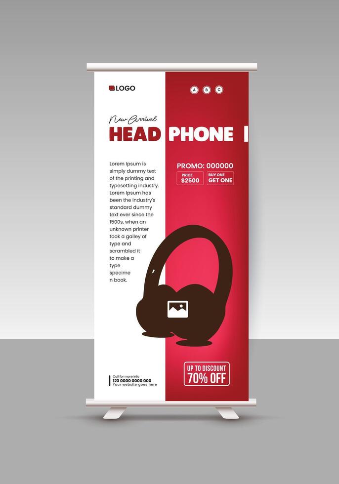 New headphone product marketing roll-up banner and cyber sale roll-up standee display banner design templates vector