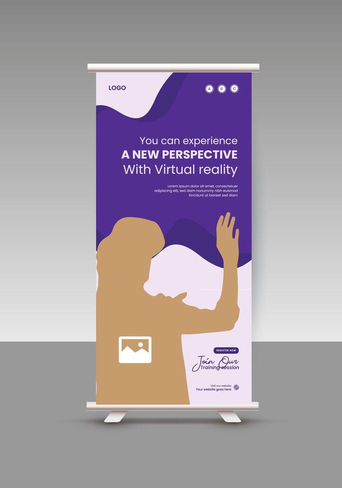 Realistic VR glasses roll up display standee banner design template vector